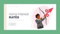 Rising Interest Rate Landing Page Template. Female Character Archer Aiming At Target With Percent Sign Instead Of Arrow