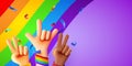 Rising multiethnic Hands celebrate pride month on LGBT rainbow flag background. People's rights movement, diversity concept