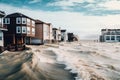 rising sea levels, with flood waters rushing into coastal town
