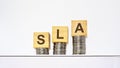 rising stacks of coins with the letters SLA on the wooden cubes, white background, business and finance concept Royalty Free Stock Photo