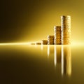 Rising stacks of Euro coins with a seamless yellow background and reflections