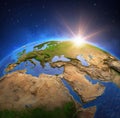 Rising sun on Europe and Middle East, from space Royalty Free Stock Photo