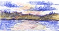 Rising sun on the lake, landscape. Hand-drawn color pencil illustration. Sketch in the open air. Royalty Free Stock Photo