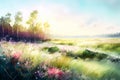 The rising sun over a picturesque meadow. Watercolor morning in nature. Royalty Free Stock Photo