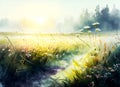 The rising sun over a picturesque meadow. Watercolor morning in nature. Royalty Free Stock Photo