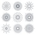 Rising sun sunburst light elements. Sunrise abstract hand drawn frames, doodle sunlight flat vector symbols illustration set on Royalty Free Stock Photo