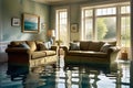 Rising Tides: Water Inundating a Living Room - Reflecting the Chaos Above, Furniture Afloat Amidst the Swirling Currents