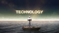 Rising typo `TECHNOLOGY`, front of Robot, cyborg on a ship, in the ocean, sea.