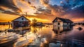 Rising Waters Engulf Silhouetted Homes A Powerful Visual of Climate ChangeInduced Flooding Royalty Free Stock Photo