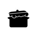 Rising yeast dough, saucepan with lid. Silhouette icon of kneading dough. Black simple illustration of fancy bread, homemade