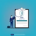 Risk analysis concept. Businessman character holding magnifying glass to analyze business risk report. Vector template Royalty Free Stock Photo