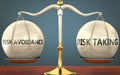 Risk avoidance and risk taking staying in balance - pictured as a metal scale with weights to symbolize balance and symmetry of