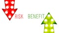Risk benefit red and green left right up down vintage retro arrows illuminated light bulbs. Concept advantages disadvantages Royalty Free Stock Photo
