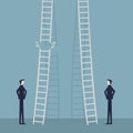 Risk in career promotion concept. Two businessmen standing and climbing corporate ladders. Business concept of job progress