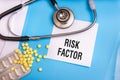 Risk factor words written on medical blue folder