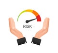 Risk icon on speedometer in hands. High risk meter. Vector stock illustration. Royalty Free Stock Photo