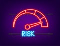 Risk icon on speedometer. Neon icon. High risk meter. Vector illustration