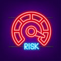 Risk icon on speedometer. Neon icon. High risk meter. Vector illustration