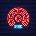 Risk icon on speedometer. Neon icon. High risk meter. Vector illustration.