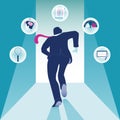 Risk Illustration. Businessman running with risk assessment icon. Business background vector