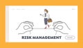 Risk Management Landing Page Template. Businesswoman Character Balancing on Rope Hanging Between Huge Hands Royalty Free Stock Photo