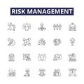 Risk management line vector icons and signs. Monitoring, Evaluation, Evaluation, Analysis, Forecasting, Planning