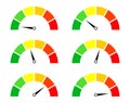 Risk meters. Gauge and icon of speedometer. Score of performance, speed, power, pressure and progress. Dial with low, medium and