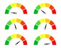 Risk meters. Gauge and icon of speedometer. Score of performance, speed, power, pressure and progress. Dial with low, medium and