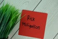 Risk Mitigation write on sticky notes isolated on Wooden Table