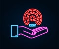 Risk neon icon on speedometer in hands. High risk meter. Vector stock illustration. Royalty Free Stock Photo