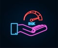 Risk neon icon on speedometer in hands. High risk meter. Vector stock illustration. Royalty Free Stock Photo
