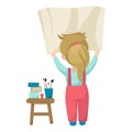 Girl hangs up a poster, is going to draw a poster, a drawing lesson at school. Vector illustration Royalty Free Stock Photo