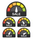 Risk sale meter set. High speed. Flat infographic on white background. Arrow icon. Vector illustration. Royalty Free Stock Photo