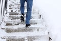 Risk of slipping when climbing stairs in winter Royalty Free Stock Photo