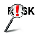 Risk word and red exclamation mark with magnifying glass on whit