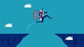 Risks and obstacles of online business. businessman with an online shopping laptop jumps over the gap