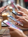 Risks of Oversharing on Social Media Highlighted by Group Engaged With Mobile Devices in a Cafe Setting Royalty Free Stock Photo