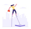 Risky Management and Business Risk Concept. Businesswoman Balancing on Stilts Step Directly into Trap on Ground