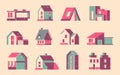 Riso houses printing. Postcard village houses with roofs and windows, cute urban home vintage print with front and side