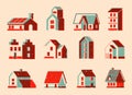 Riso print houses. Cartoon cute residential buildings, urban estate and town houses, vintage colorful architecture