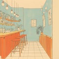 risograph print texture, empty italian bar - A drawing of a bar with stools and bottles Royalty Free Stock Photo