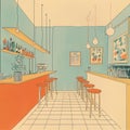 risograph print texture, empty italian bar - A drawing of a bar with stools and shelves Royalty Free Stock Photo
