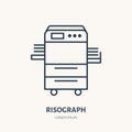 Risograph printer with paper flat line icon. Office printing device sign. Thin linear logo for printery, equipment store Royalty Free Stock Photo