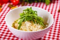 Risotto with gorgonzola, walnuts and arugula on white plate Royalty Free Stock Photo