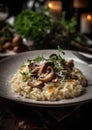 Risotto with mushrooms and arugula. Dark background.