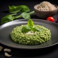 Risotto with pesto sauce, parmesan cheese and fresh basil leaves on a black background