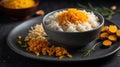 Risotto or rice with fresh turmeric on a dark surface.