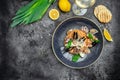 Risotto with seafood shrimp and mussels in shells. Mediterranean cuisine. Restaurant menu, dieting, cookbook recipe top view