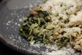 Risotto with spinach and chicken in white sauce. Royalty Free Stock Photo