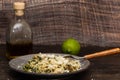 Risotto with spinach and chicken in white sauce. Royalty Free Stock Photo